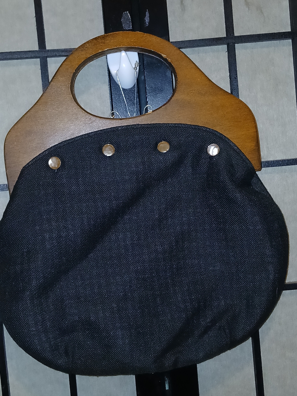 Black Fabric Handbag with Wooden Handles - Picture 2 of 5